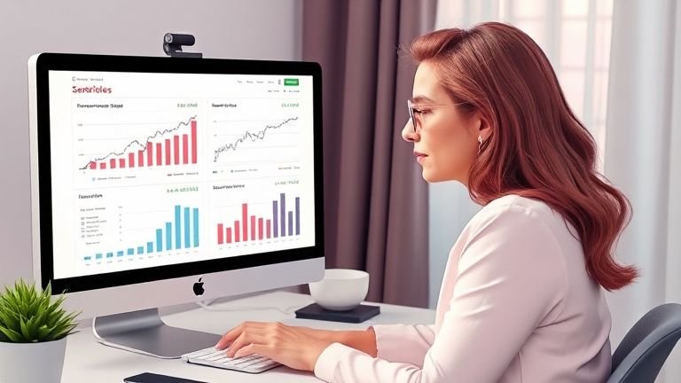 Mulher empreendedora observando gráficos de funil de conteúdo para vendas em tela, destacando conversão de seguidores em clientes e resultados de marketing.