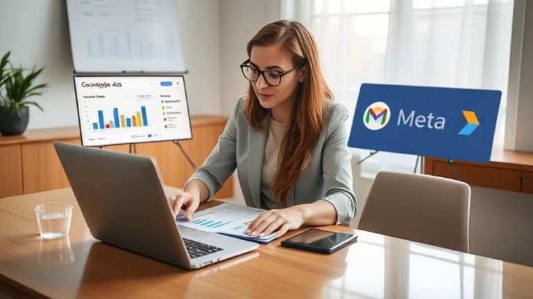 Mulher profissional revisando gráficos que comparam campanha Google Ads e anúncios Meta Ads em um laptop, simbolizando a escolha entre plataformas de publicidade.