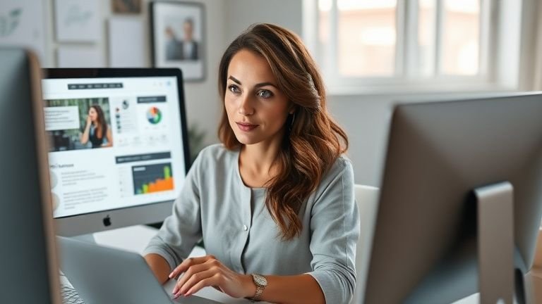 Mulher profissional em destaque diante de um laptop com wireframes e gráficos de conversão, transmitindo estratégia para landing pages que convertem. Cena editorial com iluminação cinematográfica e cores harmoniosas.