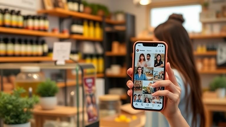 Dona de lojinha local segura celular mostrando perfil do instagram para lojinha, com produtos e ícones de redes sociais ao fundo.