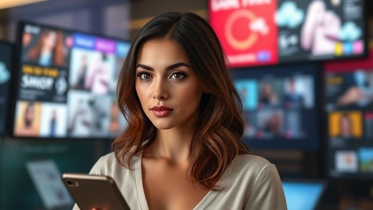 Mulher profissional em destaque diante de telas, anúncios e gráficos que representam remarketing e aumento de conversões; cena editorial com iluminação cinematográfica e cores harmônicas para capa de blog.