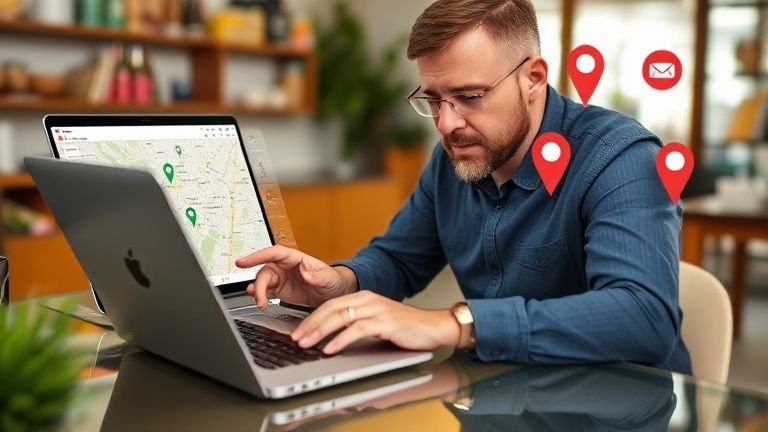 Proprietário de loja olhando relatórios no laptop com mapa da cidade ao fundo, ilustrando estratégias de SEO local para atrair clientes próximos.