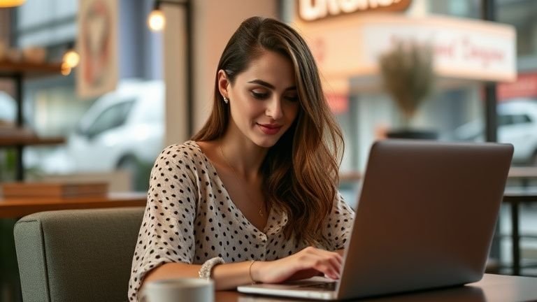 Mulher em destaque trabalhando com laptop em um ambiente de viagem (cafeteria ou acomodação), transmitindo liberdade geográfica e estilo de vida nômade digital, em iluminação cinematográfica e estilo editorial.