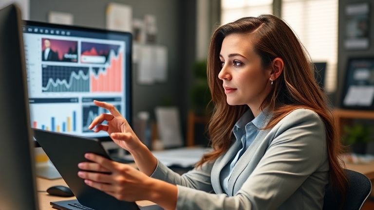 Mulher profissional em destaque analisando métricas e layouts de landing pages em um ambiente de marketing, transmitindo foco em conversão para campanhas de mídia paga.