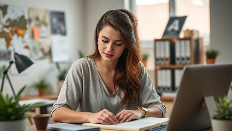 Mulher em destaque em um escritório criativo, ilustrando estratégias orgânicas para distribuir conteúdo sem mídia paga; ao fundo elementos sutis como ícones de redes sociais e gráficos de crescimento.