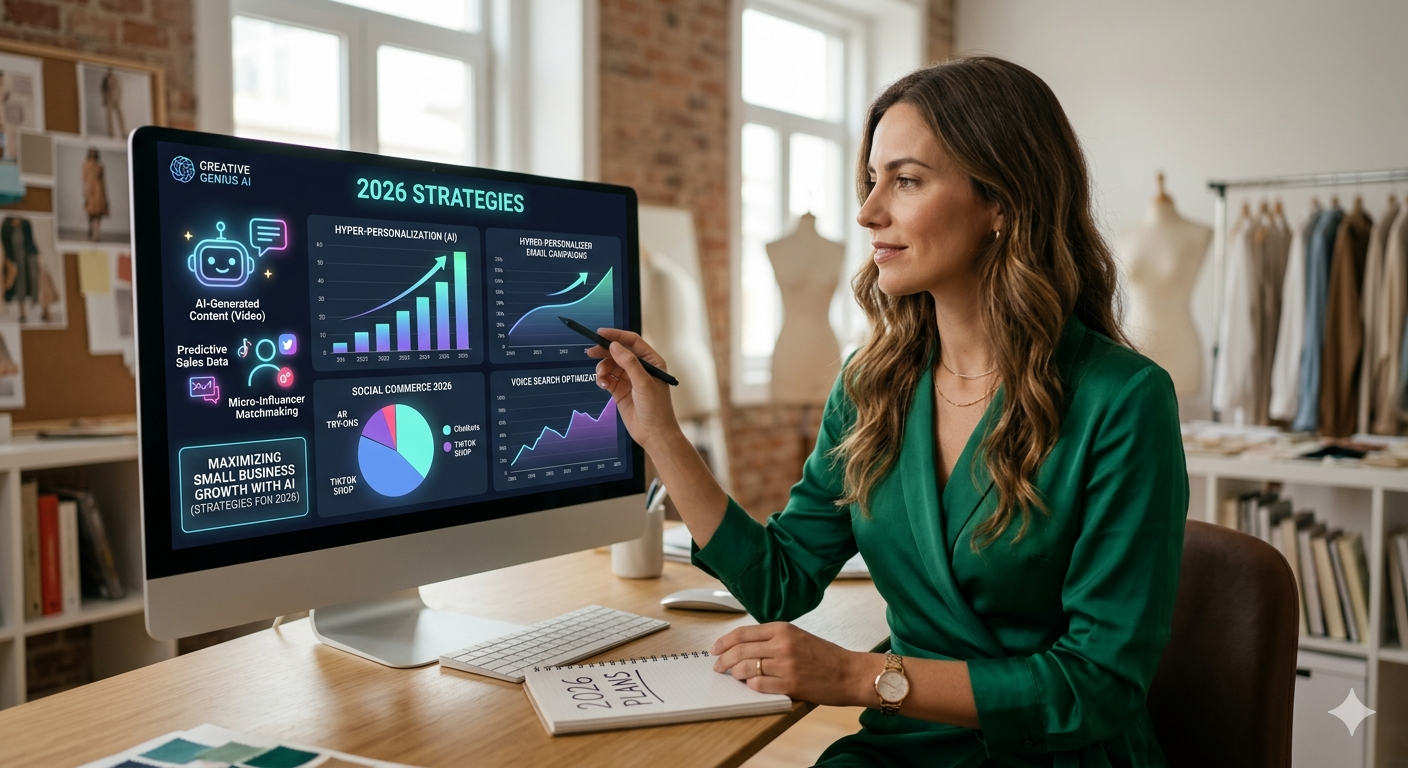 dona de pequena empresa no ramo da moda, usando um vestido elegante, trabalhando com ferramentas de inteligência artificial para pequenas empresas, observando gráficos e ícones de marketing digital que destacam estratégias para 2026.