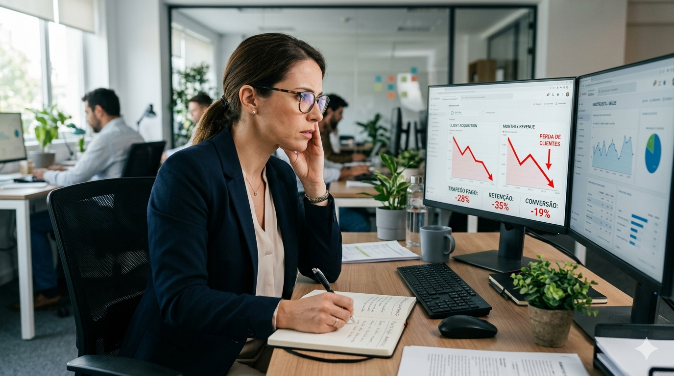 Gestora em escritório observando gráficos em queda no computador, representando os erros marketing digital que geram perda de clientes e anotações de ação para correção.