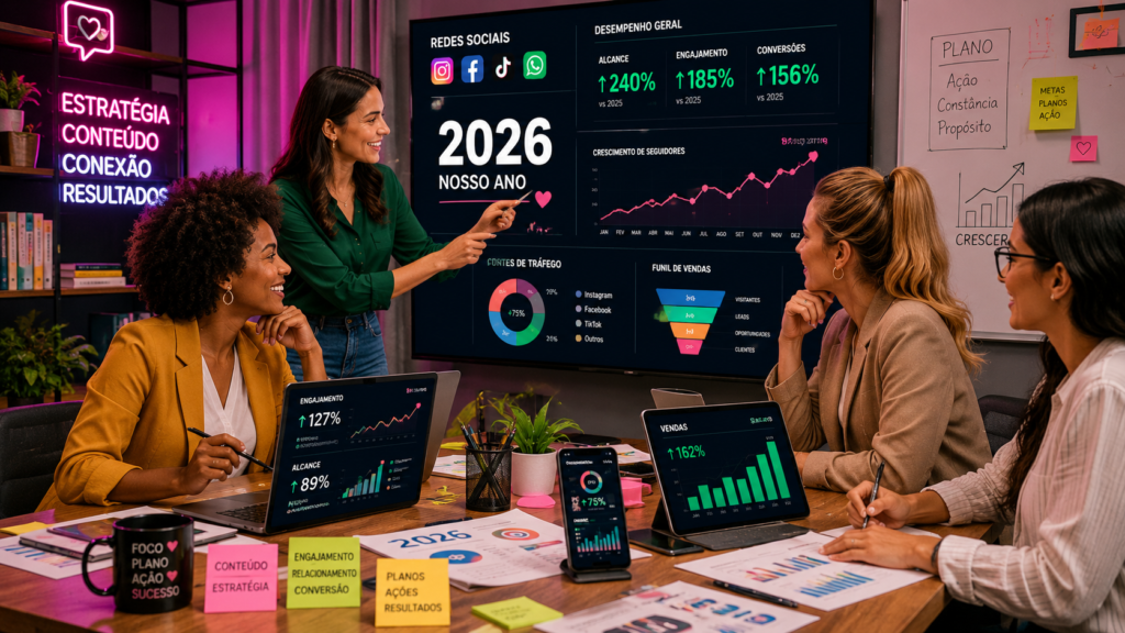 Equipe de mulheres empreendedoras analisando métricas e gráficos em telas, destacando redes sociais negócios e estratégias para aumentar engajamento e vendas em 2026.