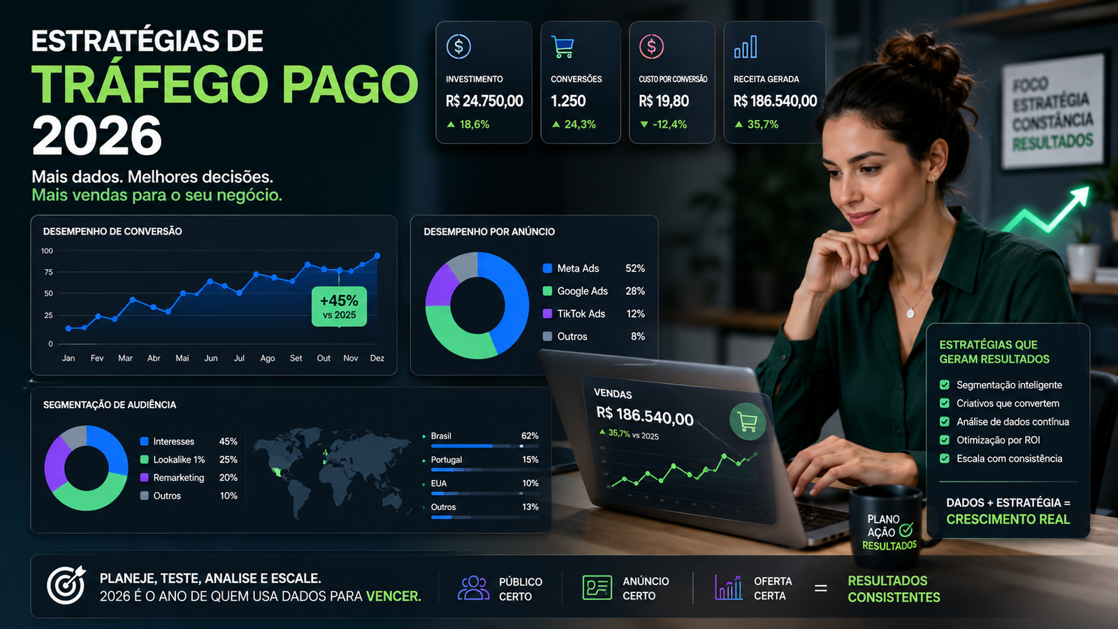Painel com gráficos e uma mulher empreendedora analisando dados de tráfego pago 2026, ilustrando crescimento e estratégias de campanha.