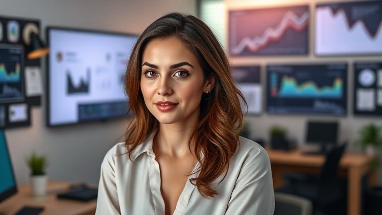 Mulher profissional em destaque em um escritório de marketing digital, observando telas com gráficos de campanha e planejamento, transmitindo foco e profissionalismo em mídia paga eficaz.