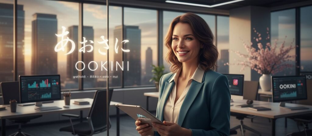 Mulher profissional em destaque, em um cenário que combina elementos japoneses e elementos de marketing digital, transmitindo profissionalismo e emoção com iluminação cinematográfica.
