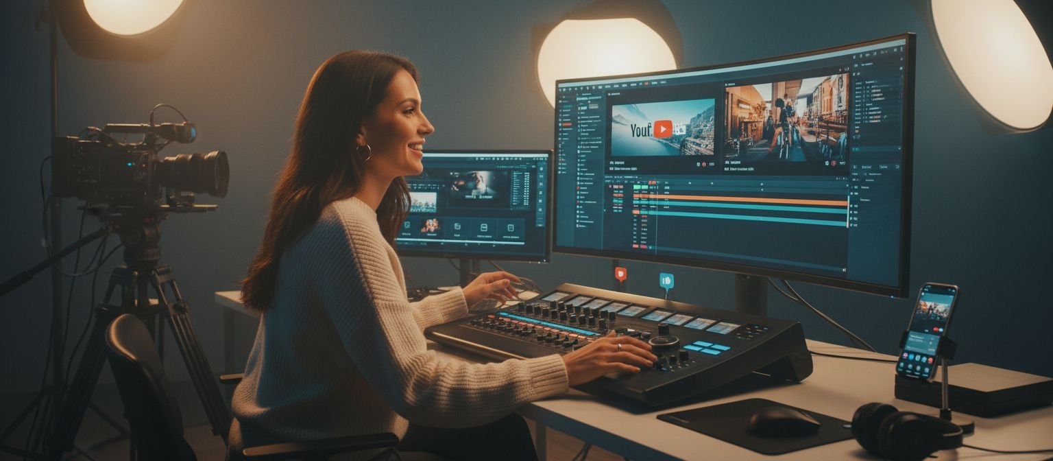 Mulher profissional editando vídeos em um estúdio moderno, com tela mostrando timeline de edição e equipamentos (câmera e smartphone), transmitindo técnica e alto padrão visual.
