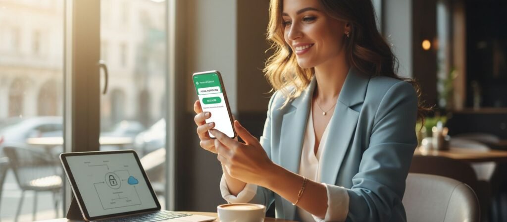 Mulher segurando um smartphone que mostra a interface do WhatsApp com destaque para a configuração de nome de usuário, transmitindo segurança e modernidade.