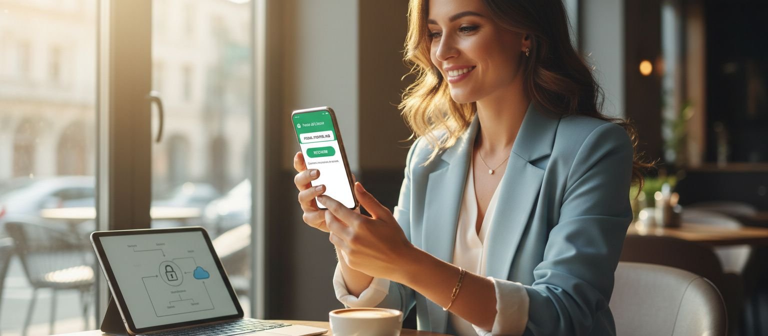 Mulher segurando um smartphone que mostra a interface do WhatsApp com destaque para a configuração de nome de usuário, transmitindo segurança e modernidade.