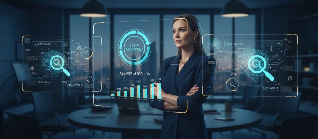 Mulher profissional de marketing em destaque, diante de telas com gráficos de Loop Marketing e indicadores de AEO para IA, transmitindo foco, inovação e profissionalismo.