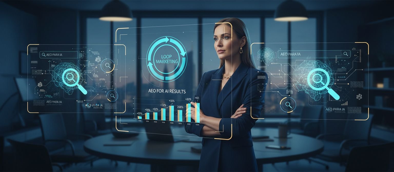 Mulher profissional de marketing em destaque, diante de telas com gráficos de Loop Marketing e indicadores de AEO para IA, transmitindo foco, inovação e profissionalismo.