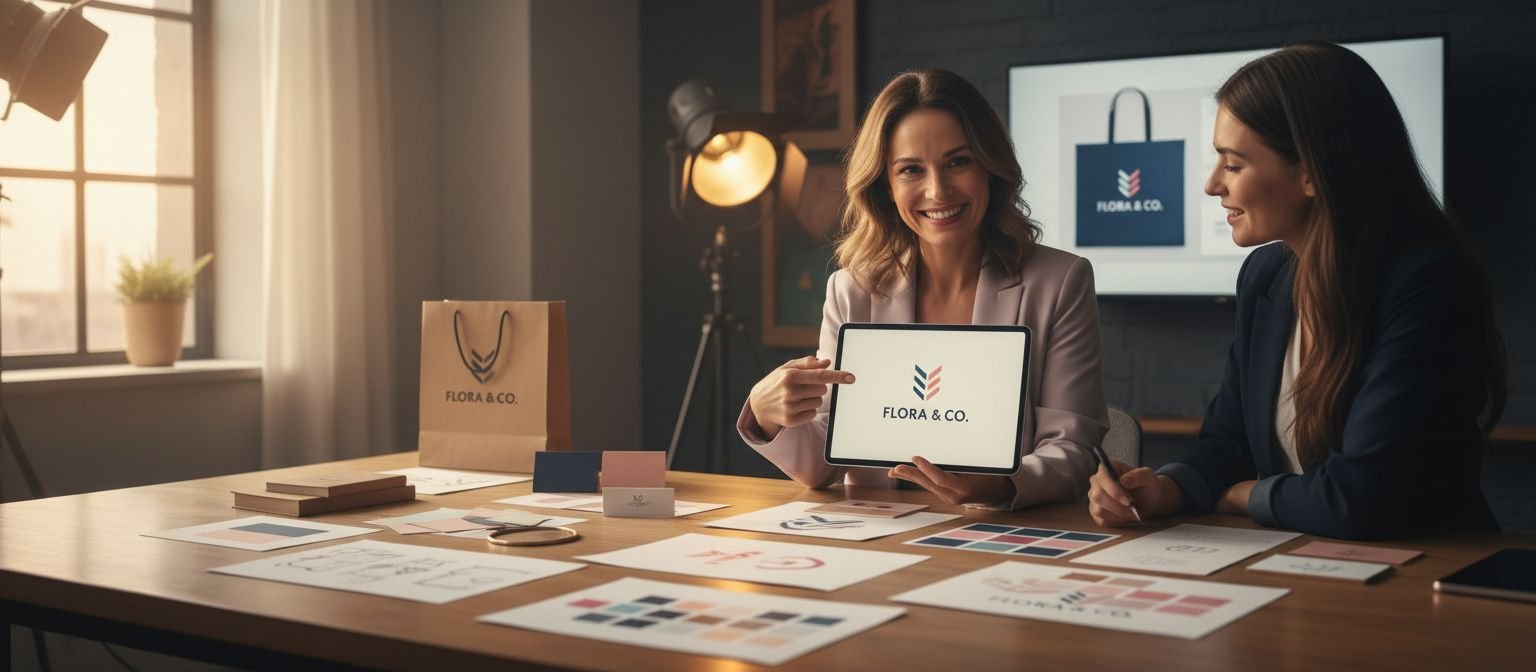 Mulher em destaque em um estúdio de design, cercada por esboços e mockups de logotipo, transmitindo profissionalismo e o impacto da importância de um logotipo para empresa.